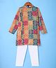 Robo Fry Silk Woven Full Sleeves Kurta Pyjama Set with Bandhani Print- Orange Dark Pink & Blue