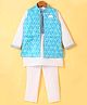Robo Fry Jacquard  Woven Full Sleeves Solid Colour Kurta Pyjama Set with Printed Nehru Jacket - Aqua Blue