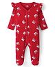 Doodle Poodle Cotton Knit Full Sleeves Frill Detailed Sleep Suit With Butterflies Print - Red