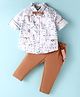 ToffyHouse 100% Cotton Knit Full Sleeves Text Printed Shirt Trouser with Bow & Suspender - Tan