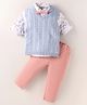 ToffyHouse 100% Cotton Woven Full Sleeves Vehicle Printed Shirt & Full Length Trouser Set  with Flat Knit Sweater & Bow - Pink