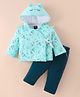 Pepito Cotton Knit Full Sleeves Quilted Hooded Winter Wear Suit Bear Print - Aqua