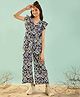 Cherry & Jerry Frill Sleeves Abstract Printed Waist Tie Up Jumpsuit - Blue