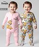 Babyoye Disney Cotton Knit Full Sleeves Sleep Suits With Bambi Print Pack Of 2 - Baby Pink & White