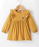 Zero Sinker Knit Full Sleeves Frock with Placement Floral Embroidery & Frill Detailing - Mustard