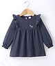 Zero Sinker Knit Full Sleeves Frock with Placement Floral Embroidery & Frill Detailing - Navy Blue