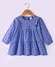 Zero Sinker Knit Full Sleeves Frill Detailed Floral Printed Frock - Blue