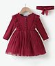Kookie Kids Frill Sleeves Winter Frock With Headband & Frill Detailing - Maroon