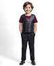 Babyhug Woven Half Sleeves T-Shirt & Trouser With Leather Finish Premium Waistcoat - Black & Maroon