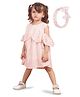 Polka Tots Cotton Cold Shoulder  Geometric Printed  Dress With Headband - Pink