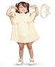 Polka Tots Cotton Cold Shoulder   Geometric Printed  Dress With Headband - Yellow