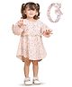Polka Tots Cotton Full Sleeves Floral Printed  Dress With Headband - Pink