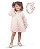 Polka Tots Cotton Full Sleeves Floral Printed Dress With Headband - Cream