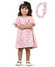 Polka Tots Cotton Half Sleeves Flamingo Printed Dress With Headband  - Pink