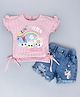KETIMINI Cotton Half Sleeves Unicorn Applique Detail Striped Top With Printed Denim Shorts Set - Pink