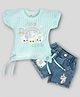 KETIMINI Cotton Half Sleeves Unicorn Printed Striped Top With Denim Shorts Set - Blue