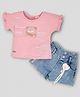 KETIMINI Cotton Half Sleeves Applique Detail Text Printed Top With Denim Shorts Set - Pink