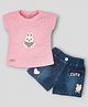 KETIMINI Cotton Cap Sleeves Bunny & Floral Applique Detail Top With Denim Shorts Set - Pink