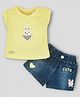 Ketimini Cotton Half Sleeves Teddy Applique Top & Denim Shorts Set - Yellow