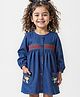 Babyoye Denim Full Sleeves Front Open Frock with Mushroom Embroidery -  Navy Blue
