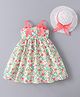 Kookie Kids Singlet Sleeves Knee Length Floral Printed Frock with Hat & Bow Applique - Pink