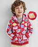 Babyhug Cotton Knit Full Sleeves Hooded Sweatjacket with Postcards Print - Red