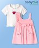 Babyoye Cotton Rib Knit Frock & Half Sleeves Inner Tee With Bow Applique - Pink & White