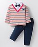 ToffyHouse 100% Cotton Knit Full Sleeves Striped Collared T-Shirt & Trouser Set with Attached Bow - Navy Blue White & Red
