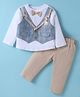 ToffyHouse Knit Full Sleeves T-Shirt & Trouser Set With Attached Checks Waistcoat & Bow Applique - White Blue & Tan