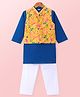 Teentaare Cotton Woven Full Sleeves Solid Colour Kurta Pyjama Set with Floral Printed Nehru Jacket - Blue White & Yellow