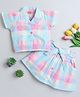 Twetoons Half Sleeves Checkered Top & Skirt Co-Ord Set With Bow Detailing - Pink & Blue