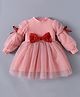 Kookie Kids Full Sleeves Solid Colour Corduory Party Frock with Bow Applique - Light Pink
