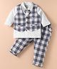 WOW Cotton Woven Full Sleeves Checkered 3 Piece Party Suit With Animal Patch & Bow - Light Blue