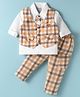 WOW Cotton Woven Full Sleeves Checkered 3 Piece Party Suit With Animal Patch & Bow - Orange