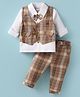 WOW Clothes Cotton Woven Full Sleeves Checkered 3 Piece Party Suit With Bow Applique - Tan