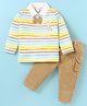 WOW Clothes Interlock Knit Full Sleeves Striped T-Shirt & Pants Set With Attached Bow & Cat Patch - Light Brown