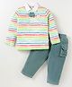 WOW Clothes Interlock Knit Full Sleeves Striped T-Shirt & Pants Set WithWith Attached Bow & Cat Patch - Teal Blue