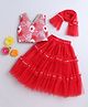 Many frocks & Sleeveless Floral Embroidered & Lace Detailed Lehenga Choli With Dupatta Set - Red