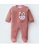 Yellow Apple Knit Full Sleeves Footed Winter Romper with Sequinned Bunny Design - Peach