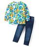 Babyhug Cotton Knit Full Sleeves Leafy Printed T-Shirt & Denim Jeans Set - Multicolor