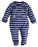 BABY GO Cotton Knit Full Sleeves Bear Embroidered & Striped Sleepsuit - Navy Blue