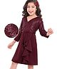 Hola Bonita Knit Full Sleeves Sequin Front Overlapping With Scuba Ruffle Party Dress - Maroon
