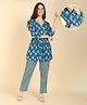 Zelena Cotton Woven Three Fourth Sleeves Floral Printed Maternity Co Ord Set With Concealed Zipper Nursing Access - Blue