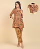 Zelena Cotton Woven Three Fourth Sleeves Floral Printed Maternity Co Ord Set With Concealed Zipper Nursing Access - Mustard