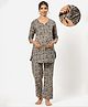CRAFIQA Cotton Three Fourth Sleeves Floral  Printed Maternity Night Suit With Concealed Zipper Nursing Access - Grey