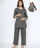 CRAFIQA Cotton Three Fourth Sleeves Abstract    Printed Maternity Night Suit With Concealed Zipper Nursing Access - Blue