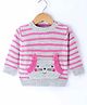 Wingsfield Full Sleeves Animal  Face Embroidered Striped Sweater - Pink