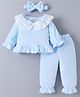 Kookie Kids Full Sleeves Winter Wear Night Suit With Lace Detailing & Headband - Light Blue