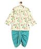 Campana 100% Cotton Full Sleeves Cows & Lotus Printed Dhoti Kurta Set - Off White & Green