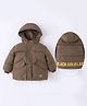 Kookie Kids Full Sleeves Front Open Padded Hooded Jacket with Quilted Design & Text Print - Brown